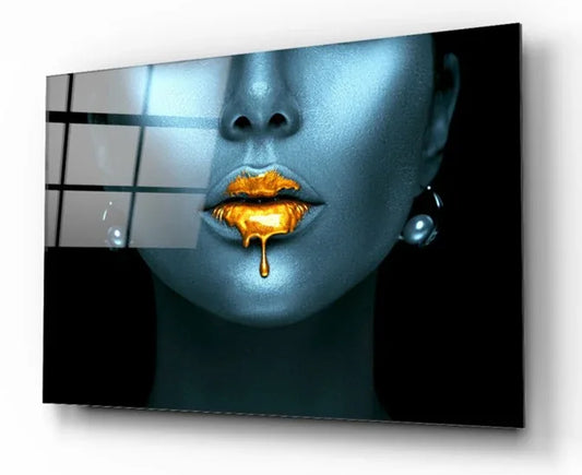 Golden Lips Glass Wall Art - LUXARTDECO