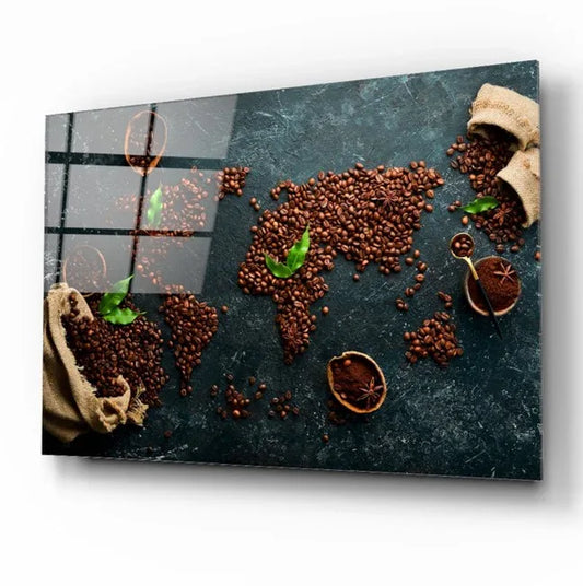 Coffee World Map Glass Wall Art - LUXARTDECO