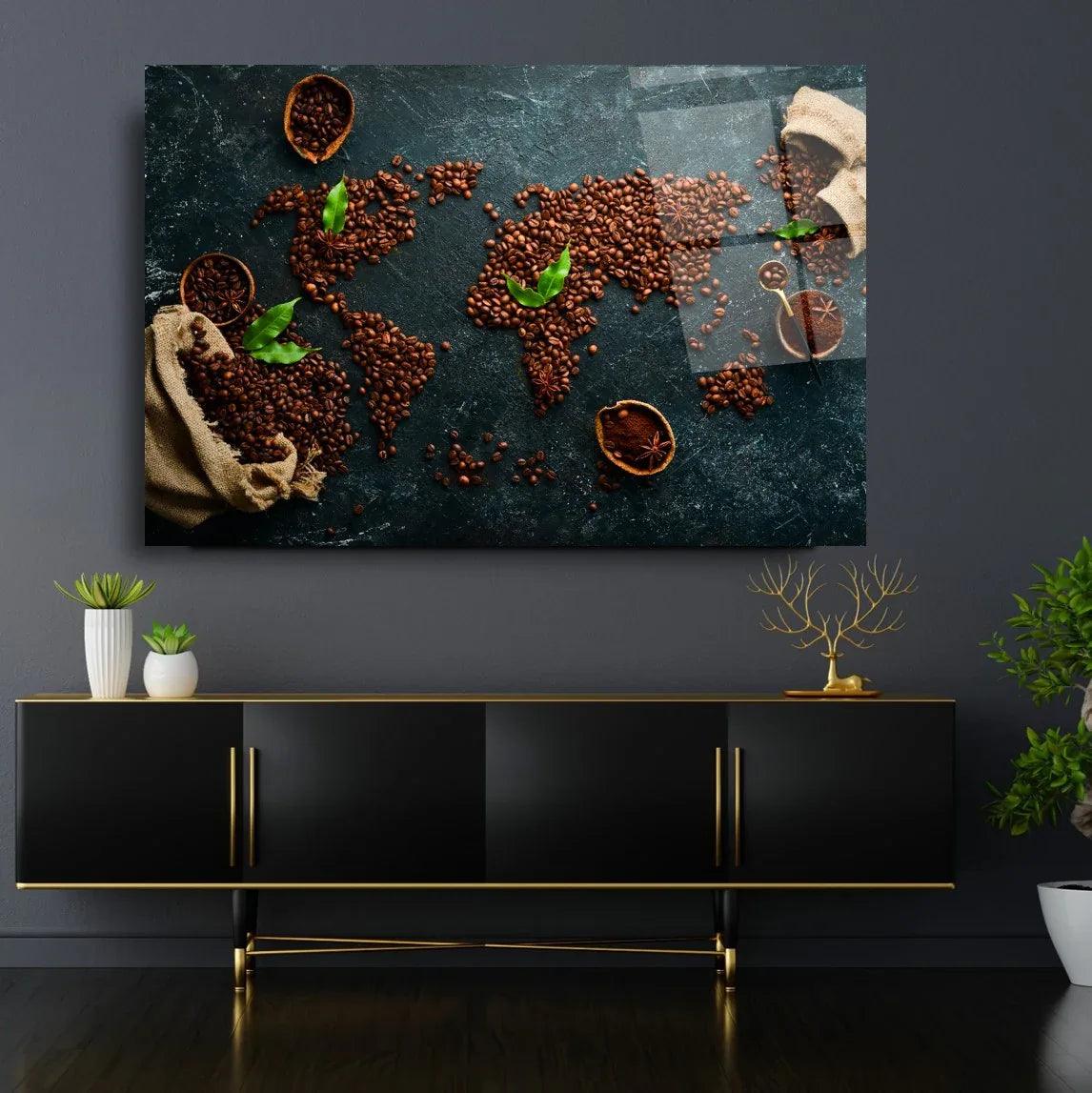 Coffee World Map Glass Wall Art - LUXARTDECO