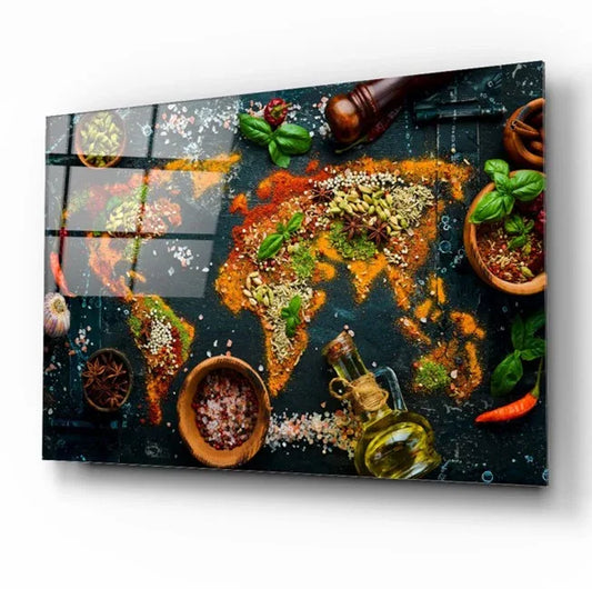 Spices World Map Glass Wall Art - LUXARTDECO