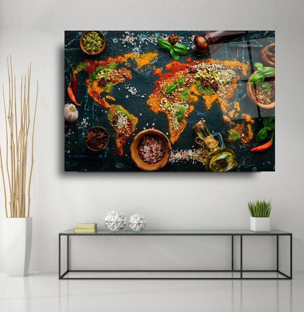 Spices World Map Glass Wall Art - LUXARTDECO