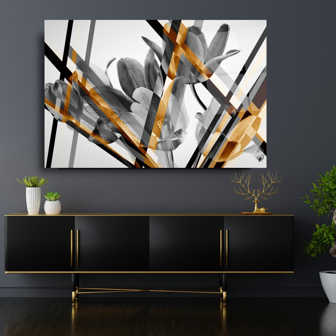 Grey Flower Glass Wall Art (