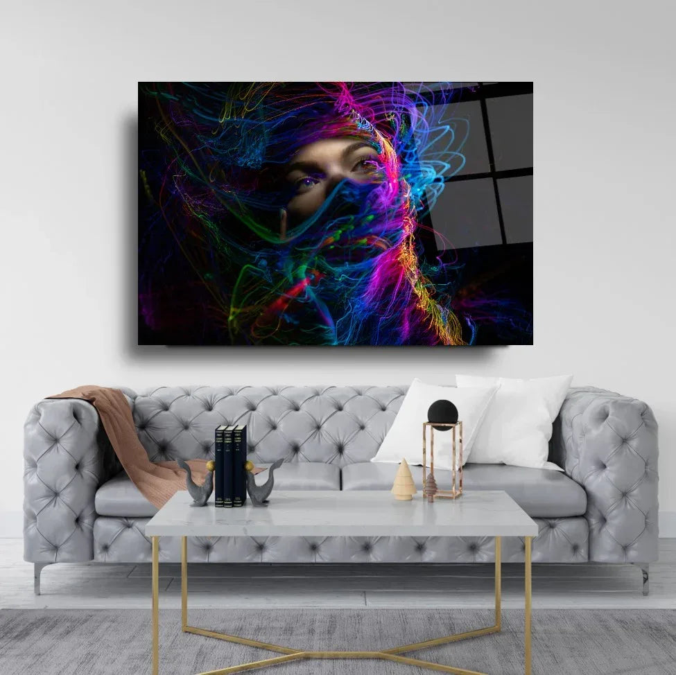 Neon Woman Face Glass Wall Art - LUXARTDECO