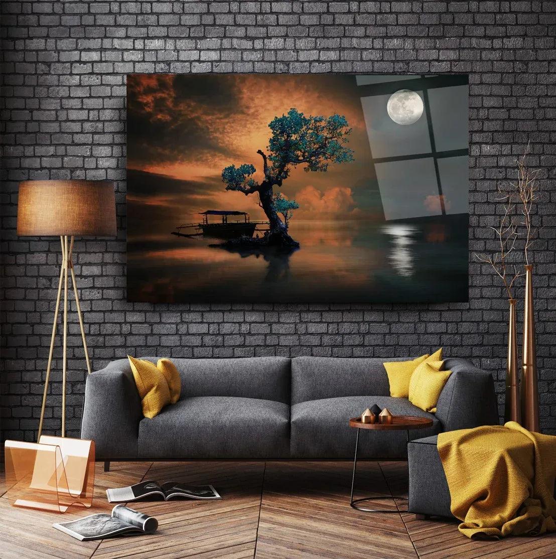 Tree and Moon Glass Wall Art - LUXARTDECO
