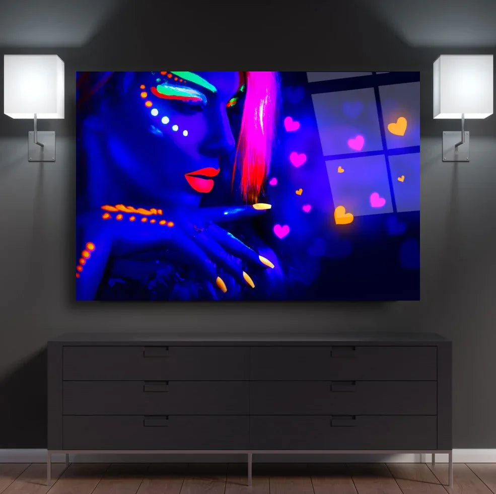 Neon Woman Face Glass Wall Art - LUXARTDECO