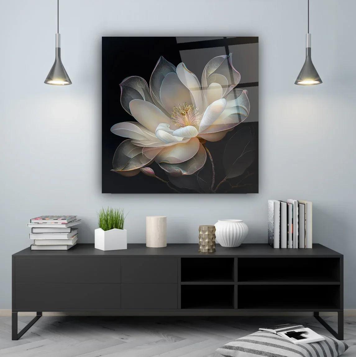 Beige Magnolia Glass Wall Art - LUXARTDECO