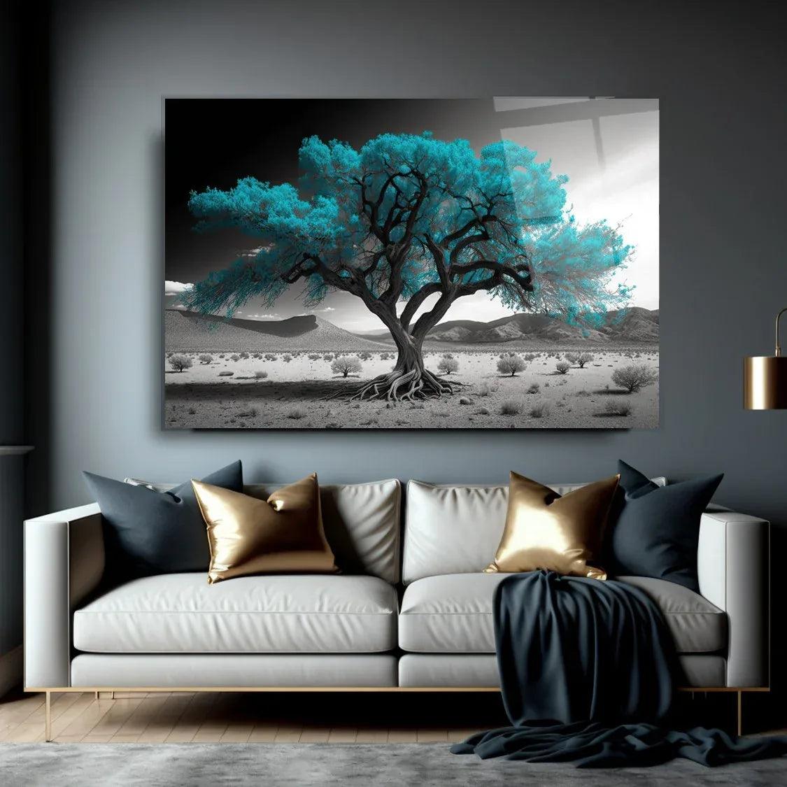 Turquoise Tree Glass Wall Art - LUXARTDECO