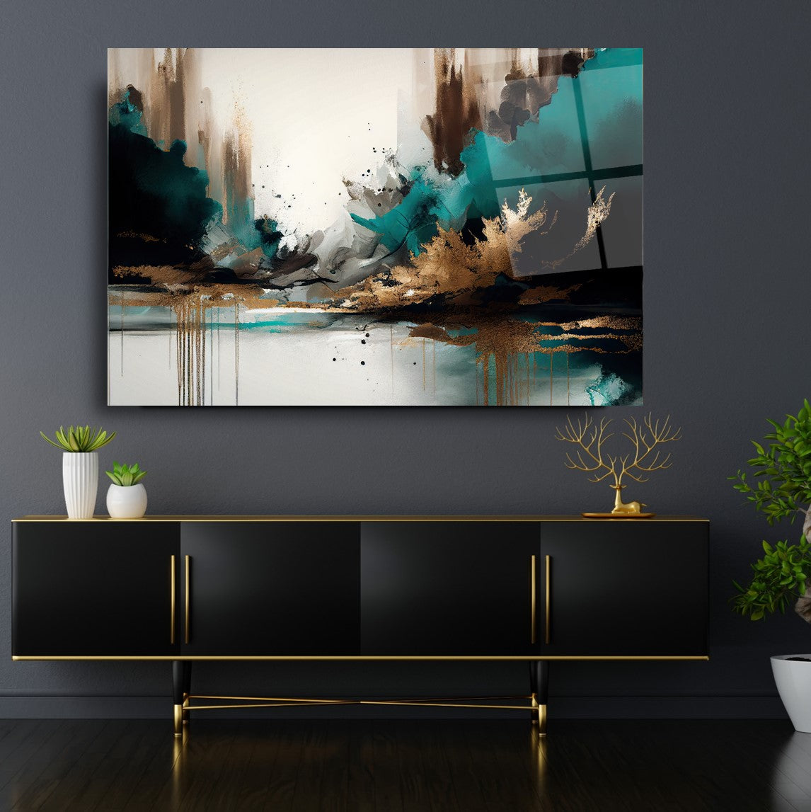 Art mural abstrait en verre turquoise