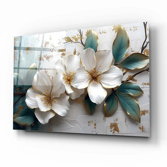 White Flower Glass Wall Art - LUXARTDECO