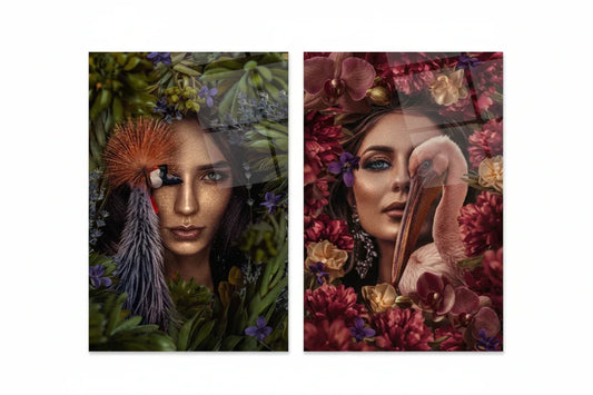 Glamorous Woman Portrait Duo Glass Wall Art Set - LUXARTDECO