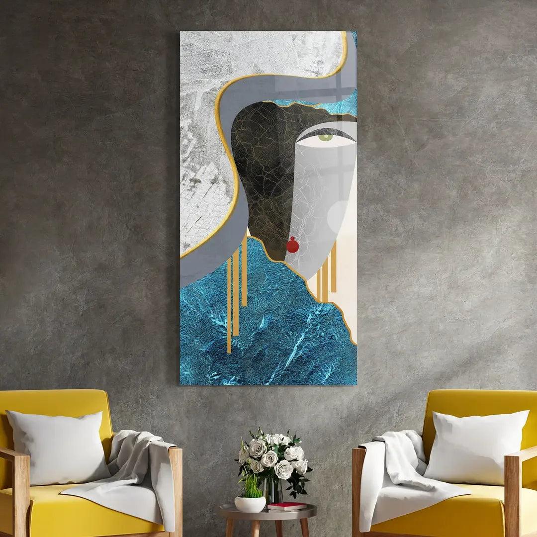 Abstract Blue Face Glass Wall Art - LUXARTDECO
