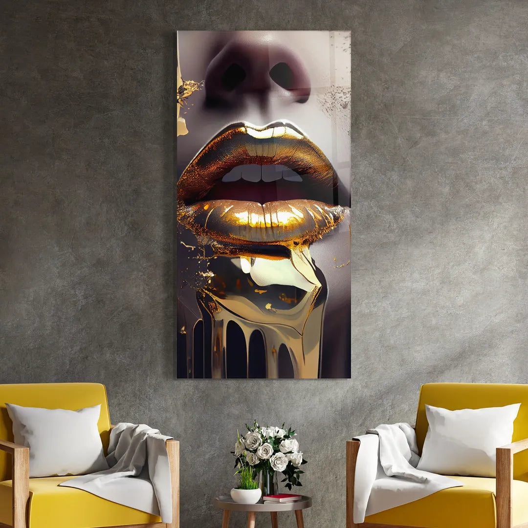 Gold Lips Glass Wall Art