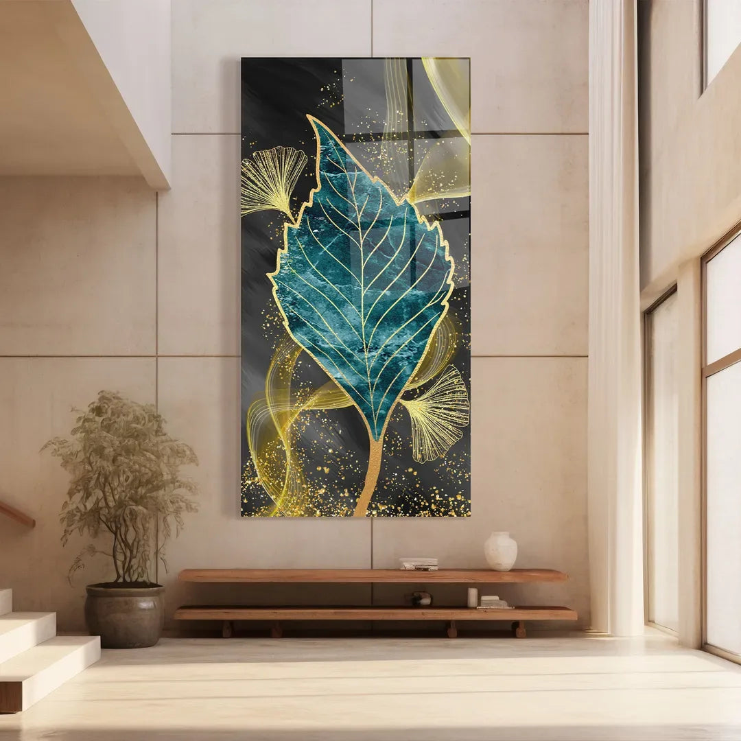 Turquoise Leaf Glass Wall Art - LUXARTDECO