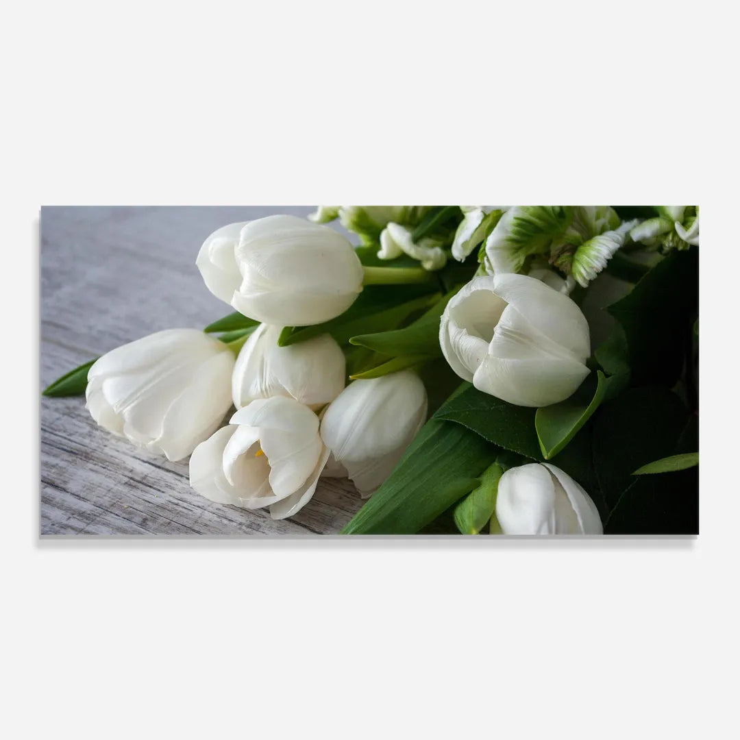 White Tulips Glass Wall Art