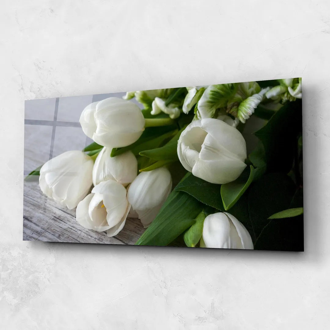 White Tulips Glass Wall Art
