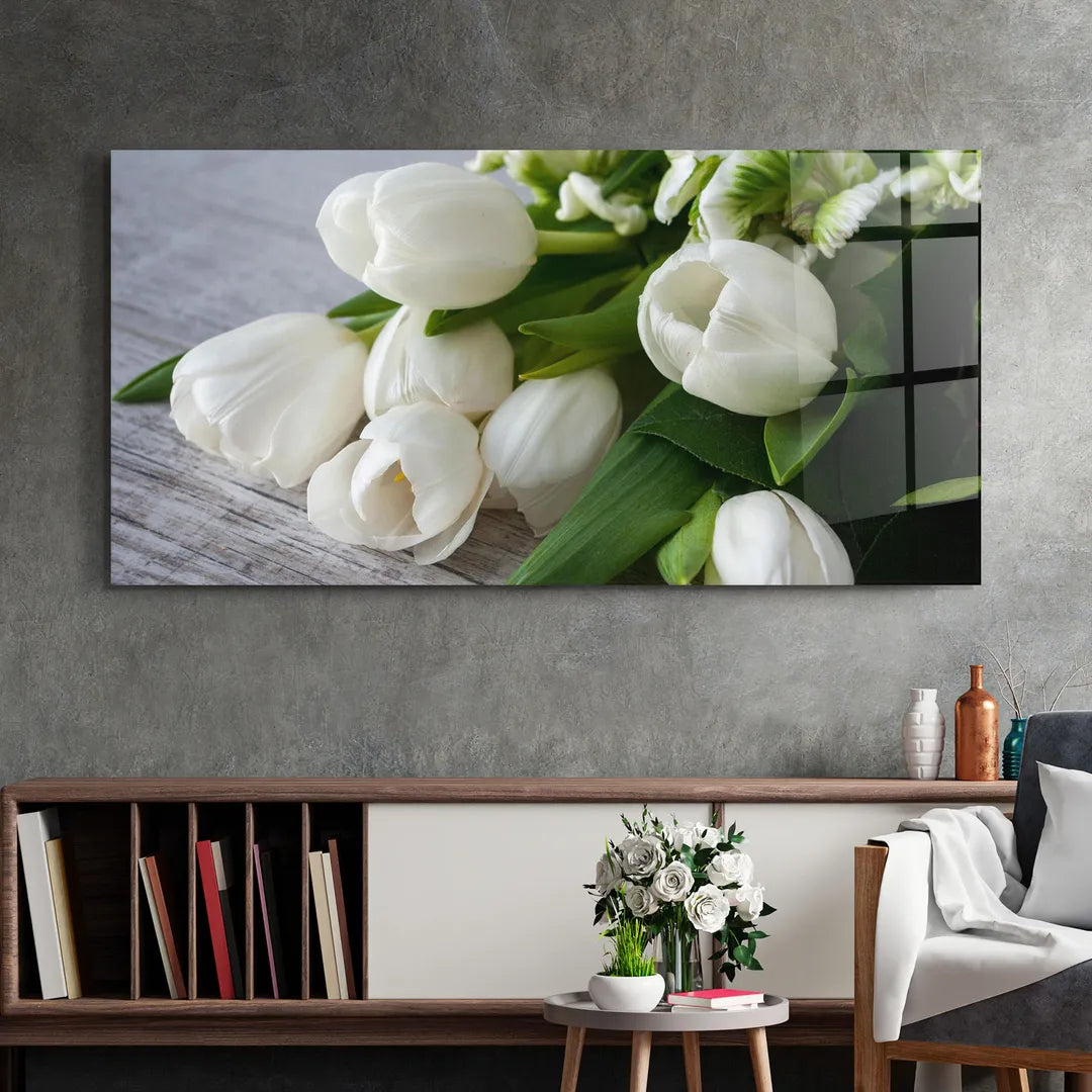 White Tulips Glass Wall Art