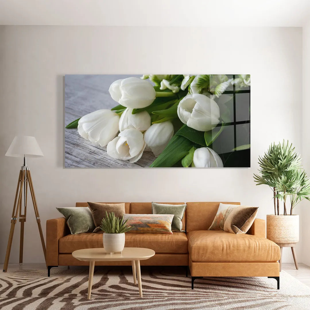 White Tulips Glass Wall Art