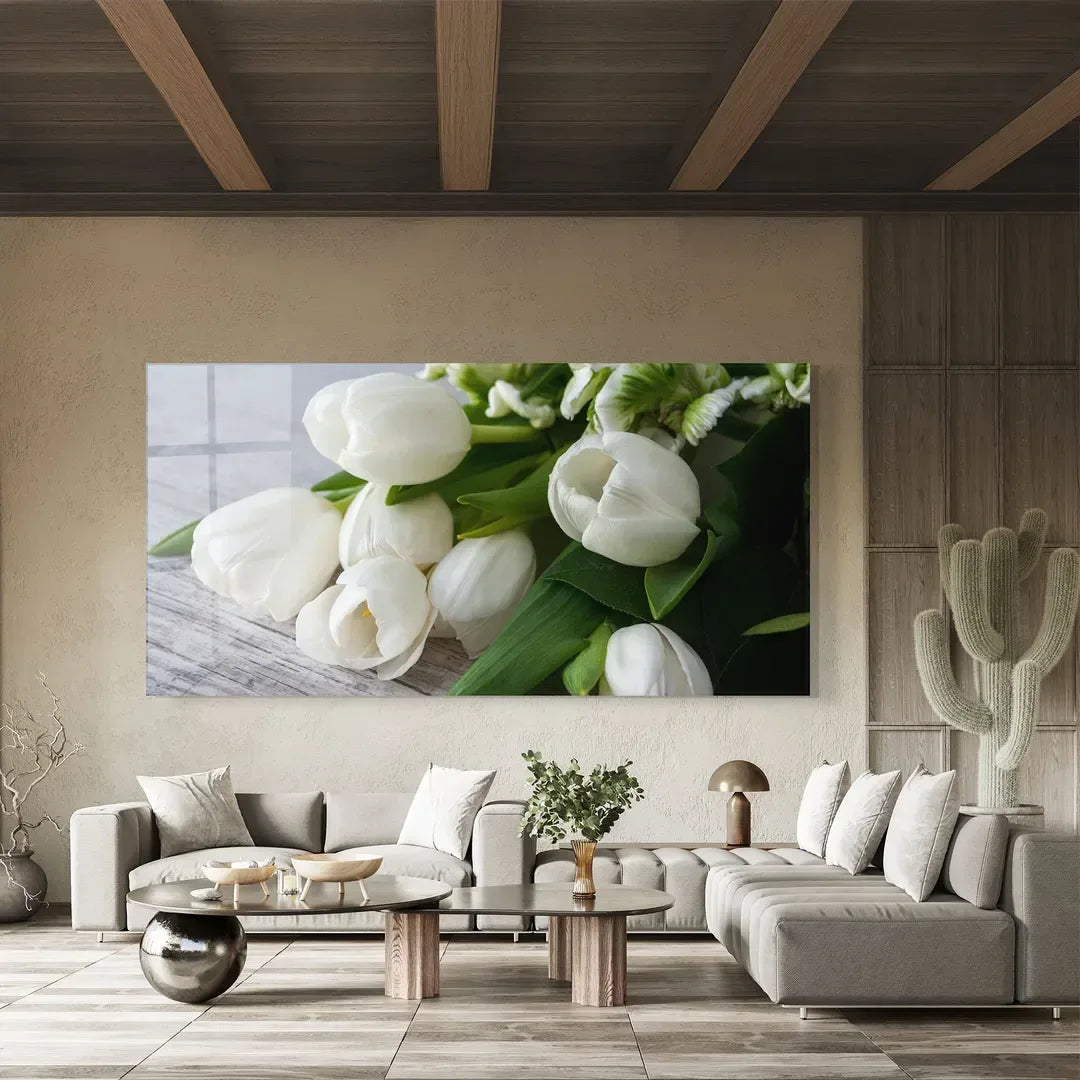 White Tulips Glass Wall Art - LUXARTDECO