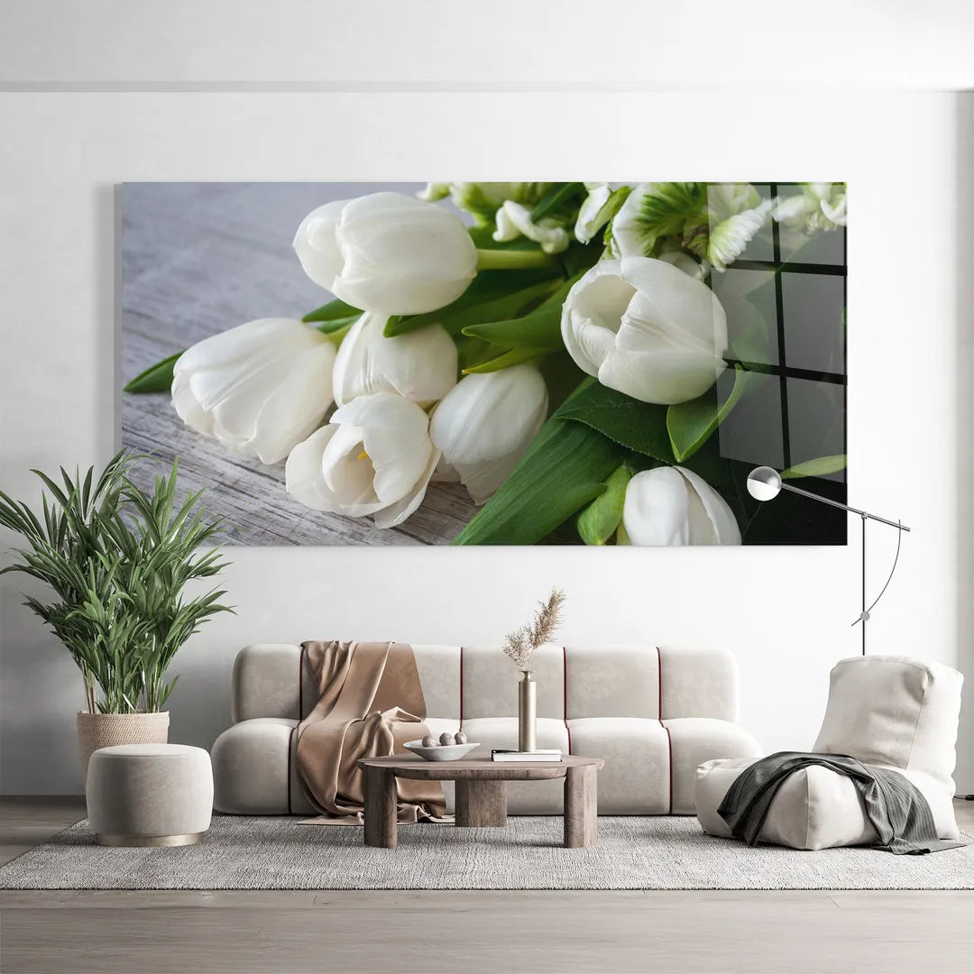 White Tulips Glass Wall Art