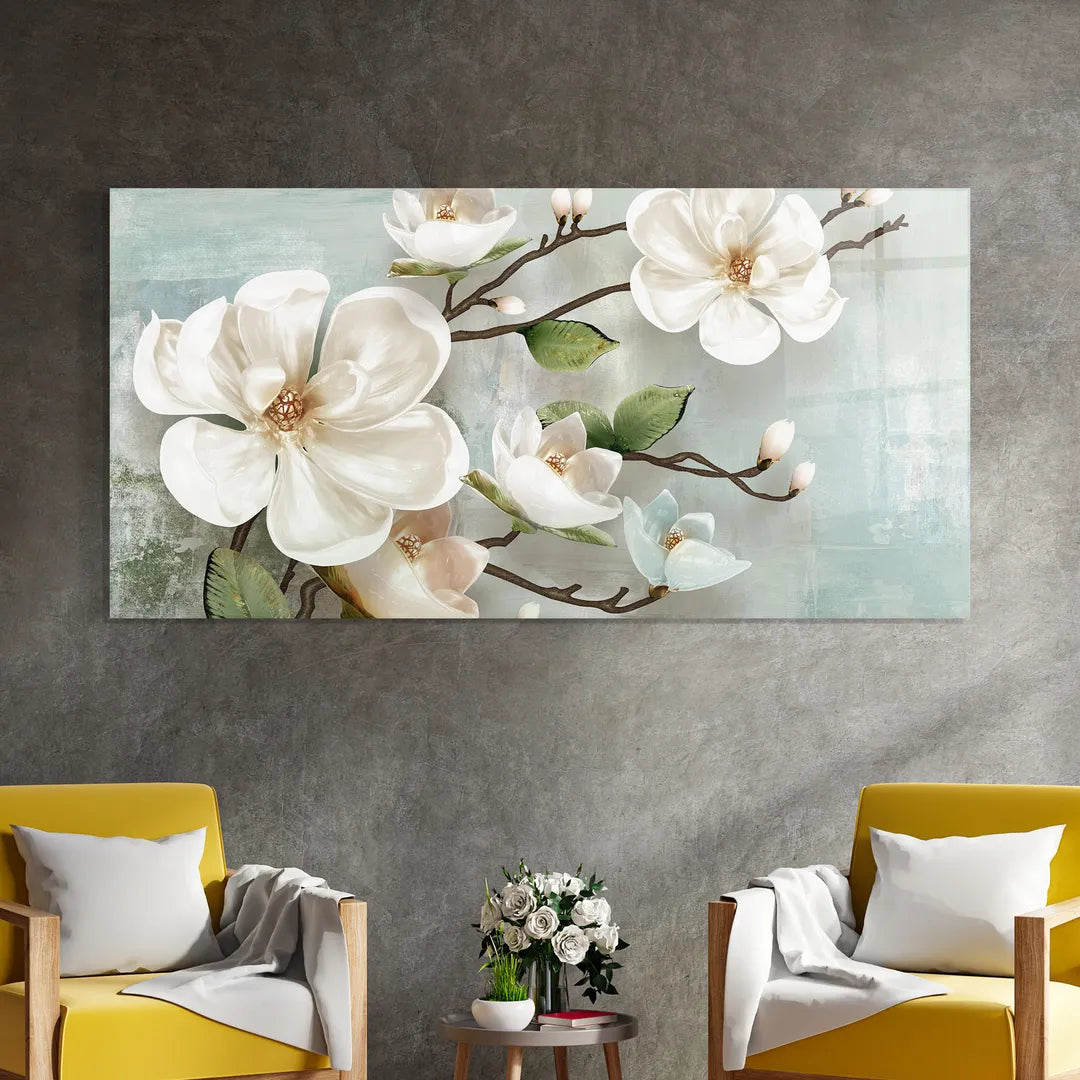 White Magnolia Glass Wall Art
