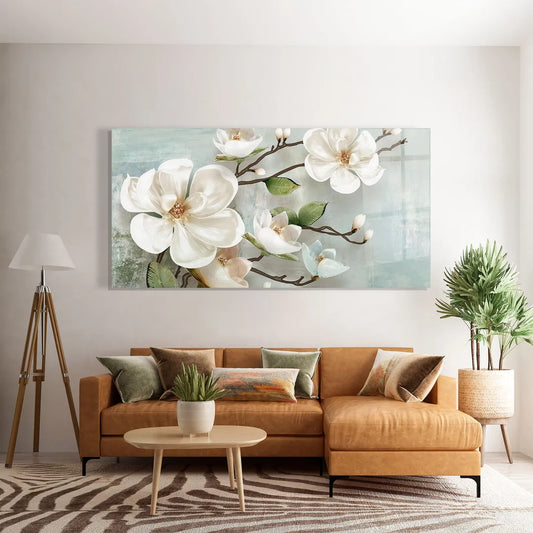 White Magnolia Glass Wall Art - LUXARTDECO