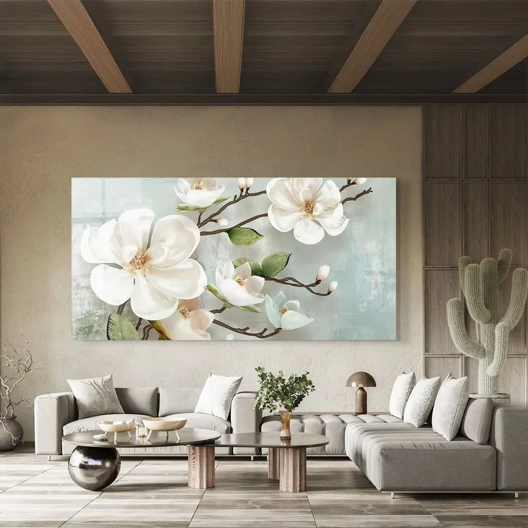 White Magnolia Glass Wall Art - LUXARTDECO