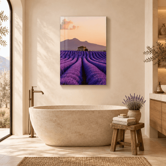 Provence lavender field glass wall art in a bathroom