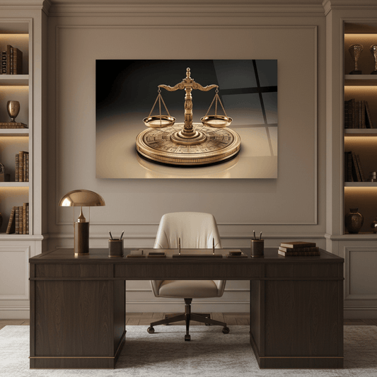 Golden scales of justice horizontal glass wall art in a luxury home study