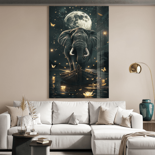 LMT-054 elephant under full moon with butterflies and lotus flowers in a luxury living room
