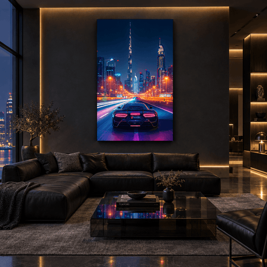Neon city sports car glass wall art in a modern living room