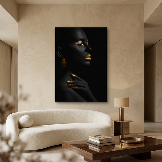 D-182 black and gold woman portrait glass wall art in sand living room