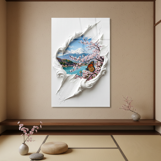 Square 1:1 meditation room mockup of LMT-004, mountain lake and cherry blossom glass wall art above tatami flooring.