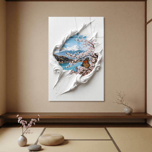 Square 1:1 meditation room mockup of LMT-004, mountain lake and cherry blossom glass wall art above tatami flooring.