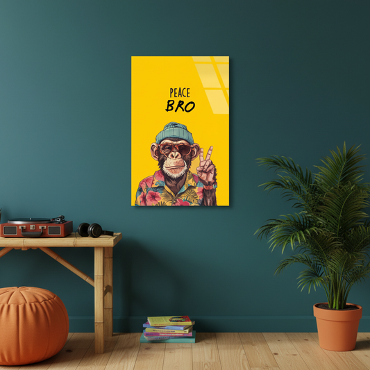 Square 1:1 creative music studio mockup of LMT-011, the yellow Peace Bro chimp glass wall art above a desk with record player and headphones.