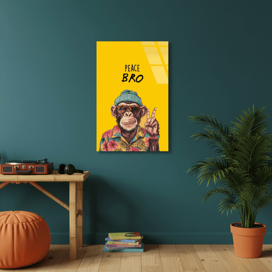 Square 1:1 creative music studio mockup of LMT-011, the yellow Peace Bro chimp glass wall art above a desk with record player and headphones.