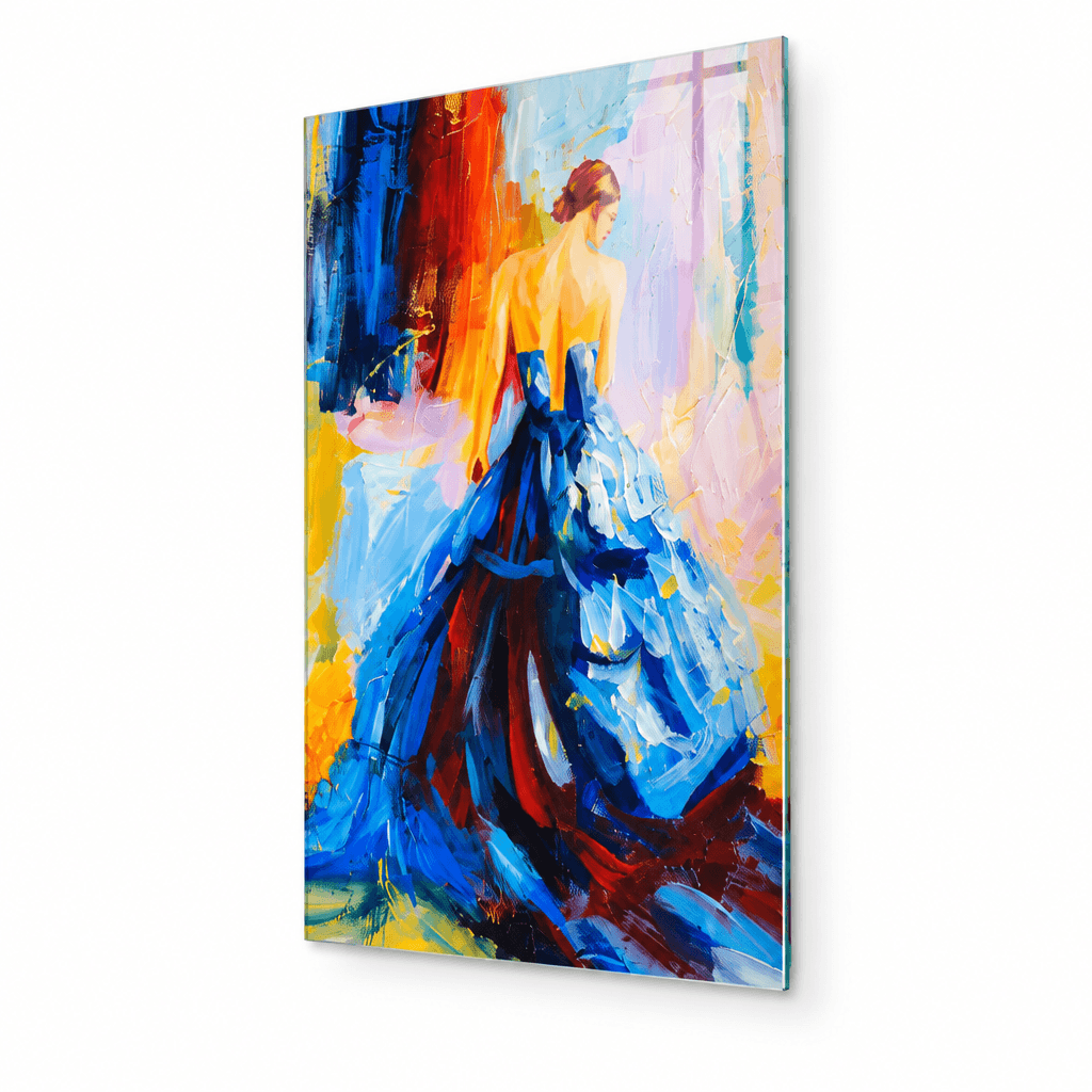 Right-side angled studio mockup of colorful woman in blue dress glass wall art, showing the thin glass edge