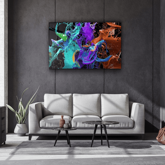 Abstract fluid glass wall art in a contemporary living room