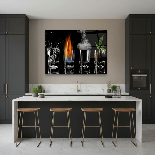 Y-307 four elements water fire smoke plant glass wall art in a luxury kitchen dining space