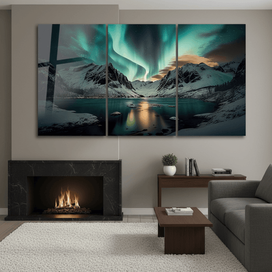 Northern lights mountain lake glass wall art triptych in a luxury charcoal living room