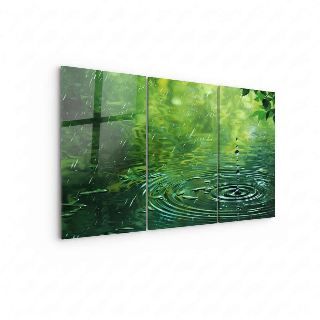 Left-side view of T-37 green water ripple triptych glass wall art on a white background