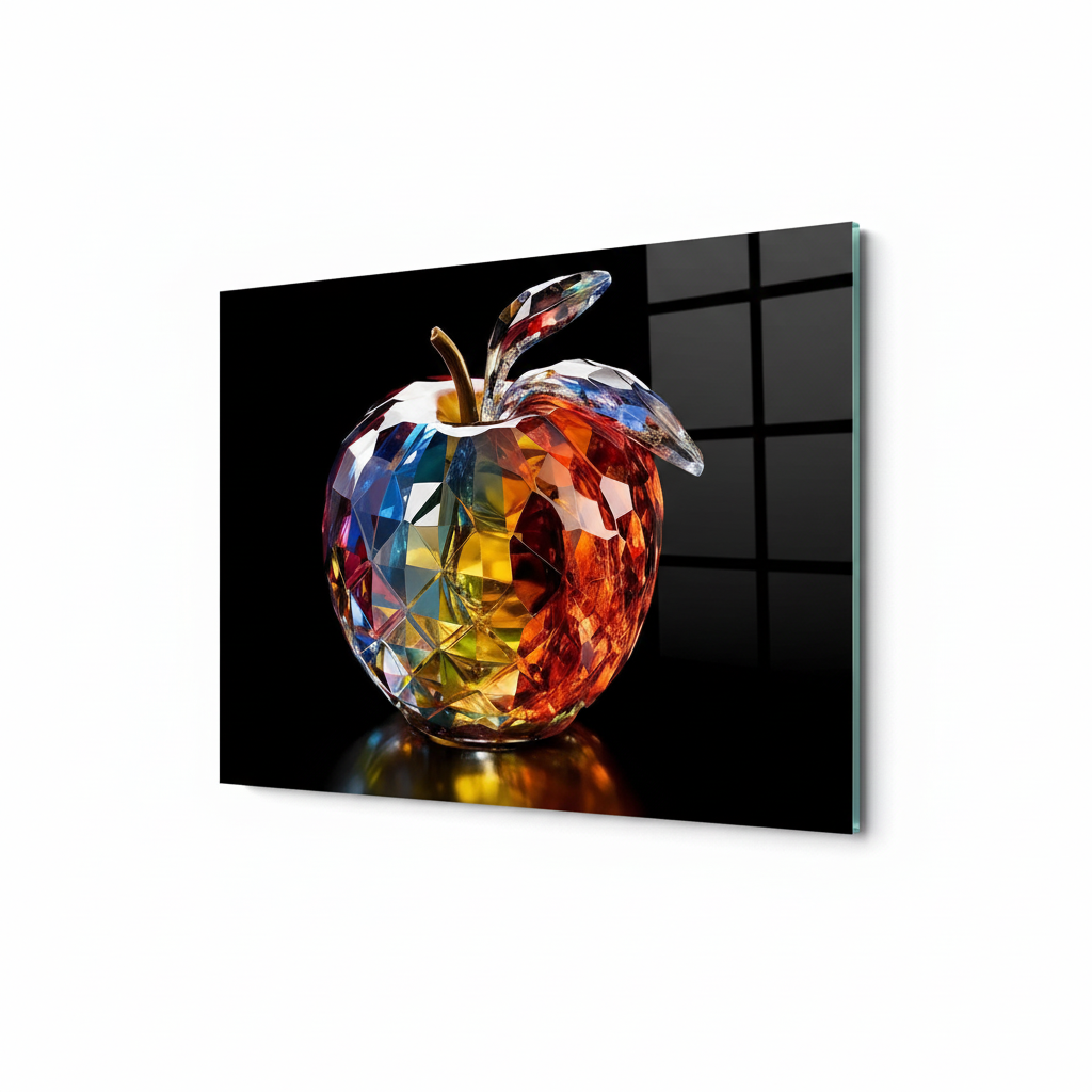 Right side view of Split-Tone Crystal Apple Glass Wall Art showing the horizontal glass edge and faceted crystal apple artwork.