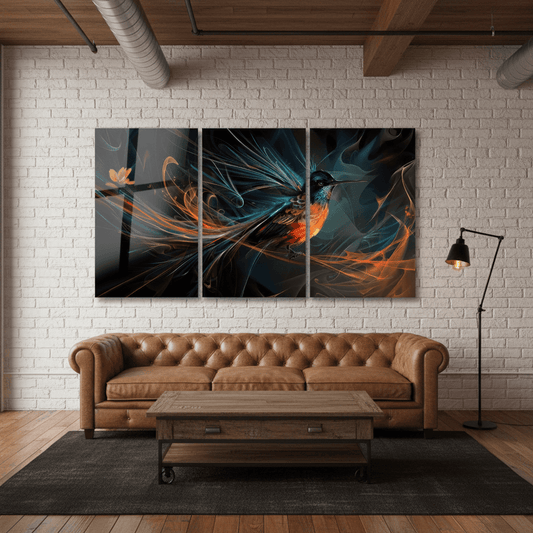 Hummingbird glass wall art triptych hanging in an industrial loft with white brick walls, cognac leather sofa and black metal floor lamp