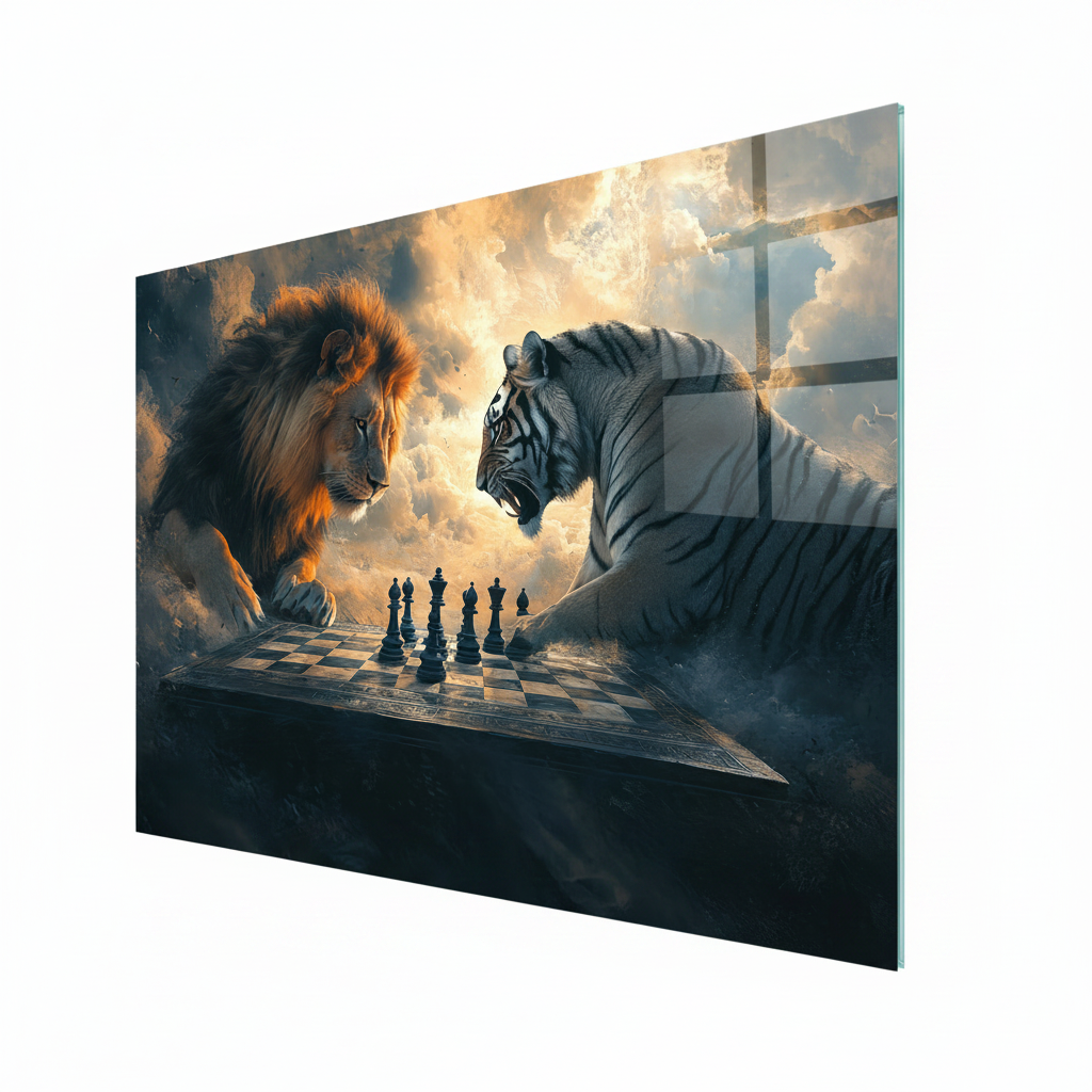 Lion and White Tiger Chess Glass Wall Art – right side view