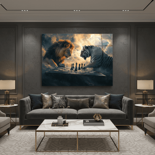 Lion and White Tiger Chess Glass Wall Art in luxury living room