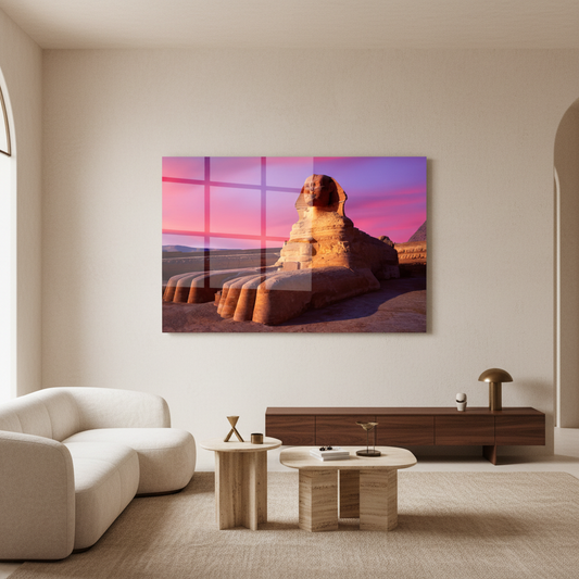 Horizontal glass wall art featuring the Sphinx of Giza at sunset displayed in a luxury living room