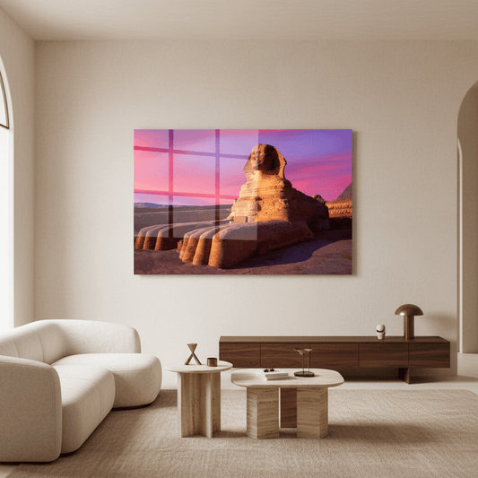 Horizontal glass wall art featuring the Sphinx of Giza at sunset displayed in a luxury living room