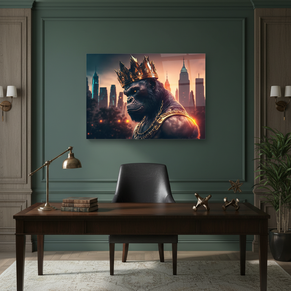 Y-305 crowned gorilla city sunset glass wall art in a luxury executive study