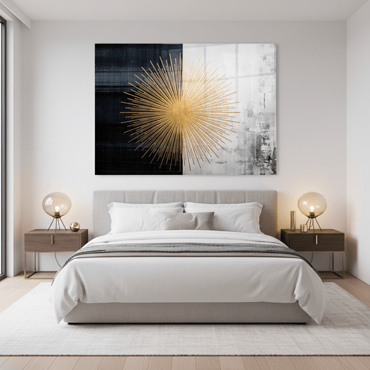 Golden Sunburst Glass Wall Art in luxury bedroom