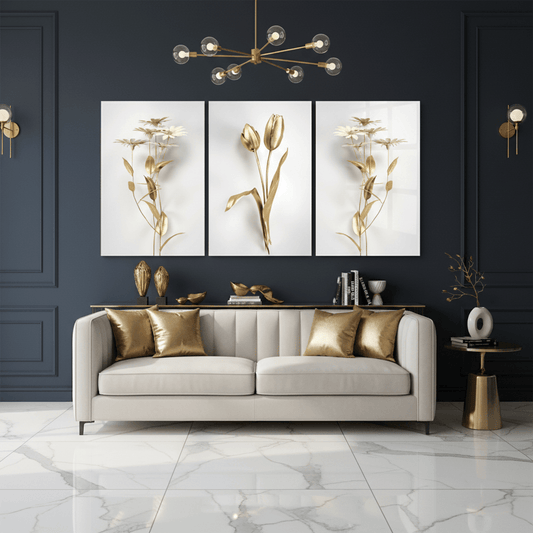 Golden Tulips Daisies Glass Wall Art - Navy Blue Walls