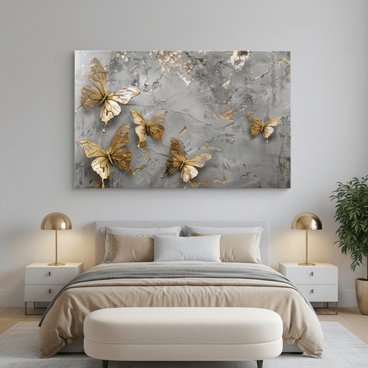 LMT-053 golden butterflies on silver grey textured marble glass wall art in a luxury bedroom
